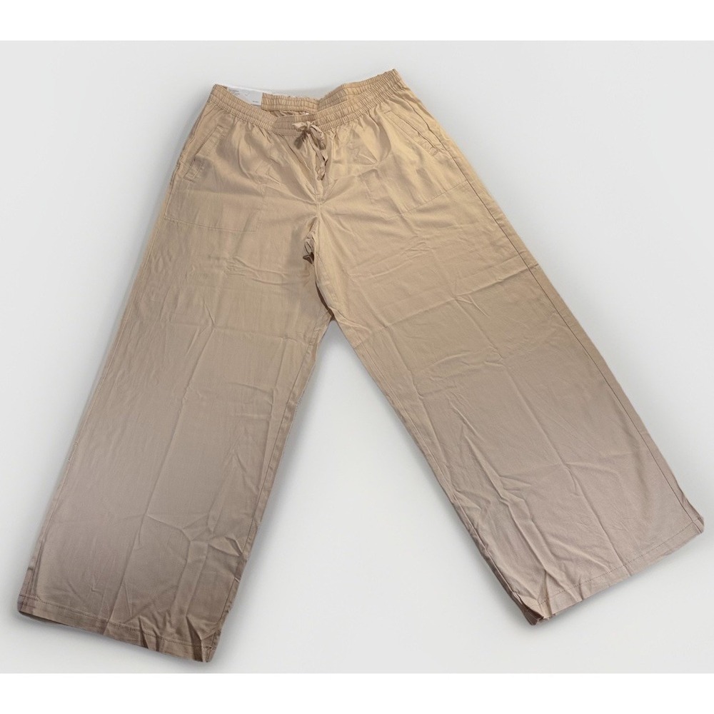 Serra Linen Viscose Pants Womens XL Tan Wide Leg Elastic Waist Lagenlook